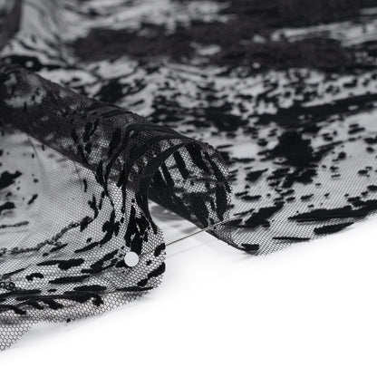Embroidered Abstract Flocked Tulle with Baby Sequins - Black Floral Detail