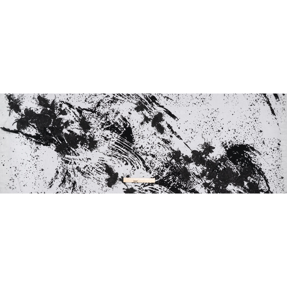 Embroidered Abstract Flocked Tulle with Baby Sequins - Black Floral - Full