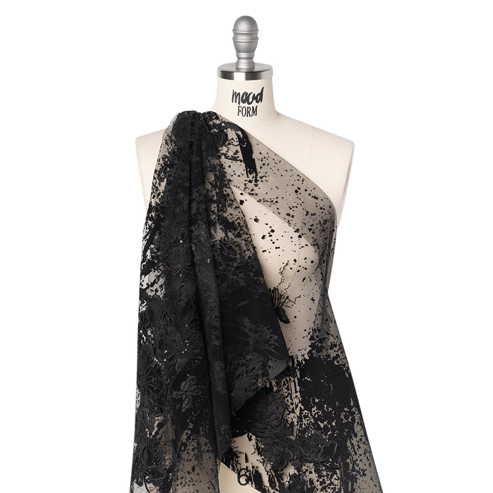 Embroidered Abstract Flocked Tulle with Baby Sequins - Black Floral Drape