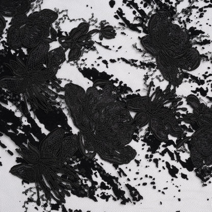 Embroidered Abstract Flocked Tulle with Baby Sequins - Black Floral