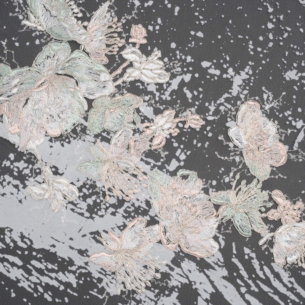 Embroidered Abstract Flocked Tulle with Baby Sequins - Off White, Pale Pink and Mint Floral