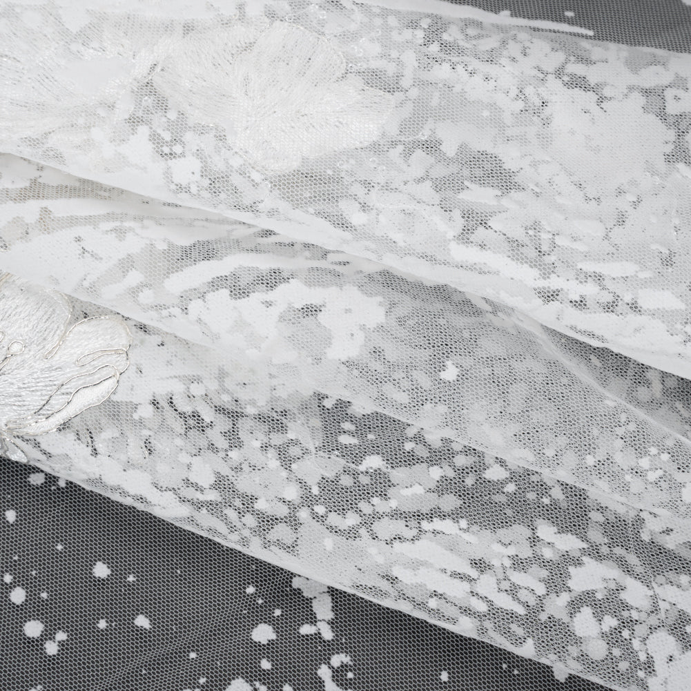 Embroidered Abstract Flocked Tulle with Baby Sequins - Off White Floral Folded