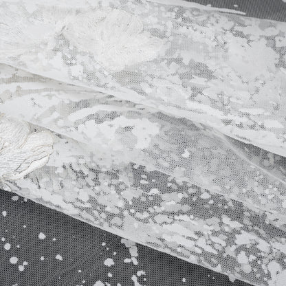 Embroidered Abstract Flocked Tulle with Baby Sequins - Off White Floral Folded
