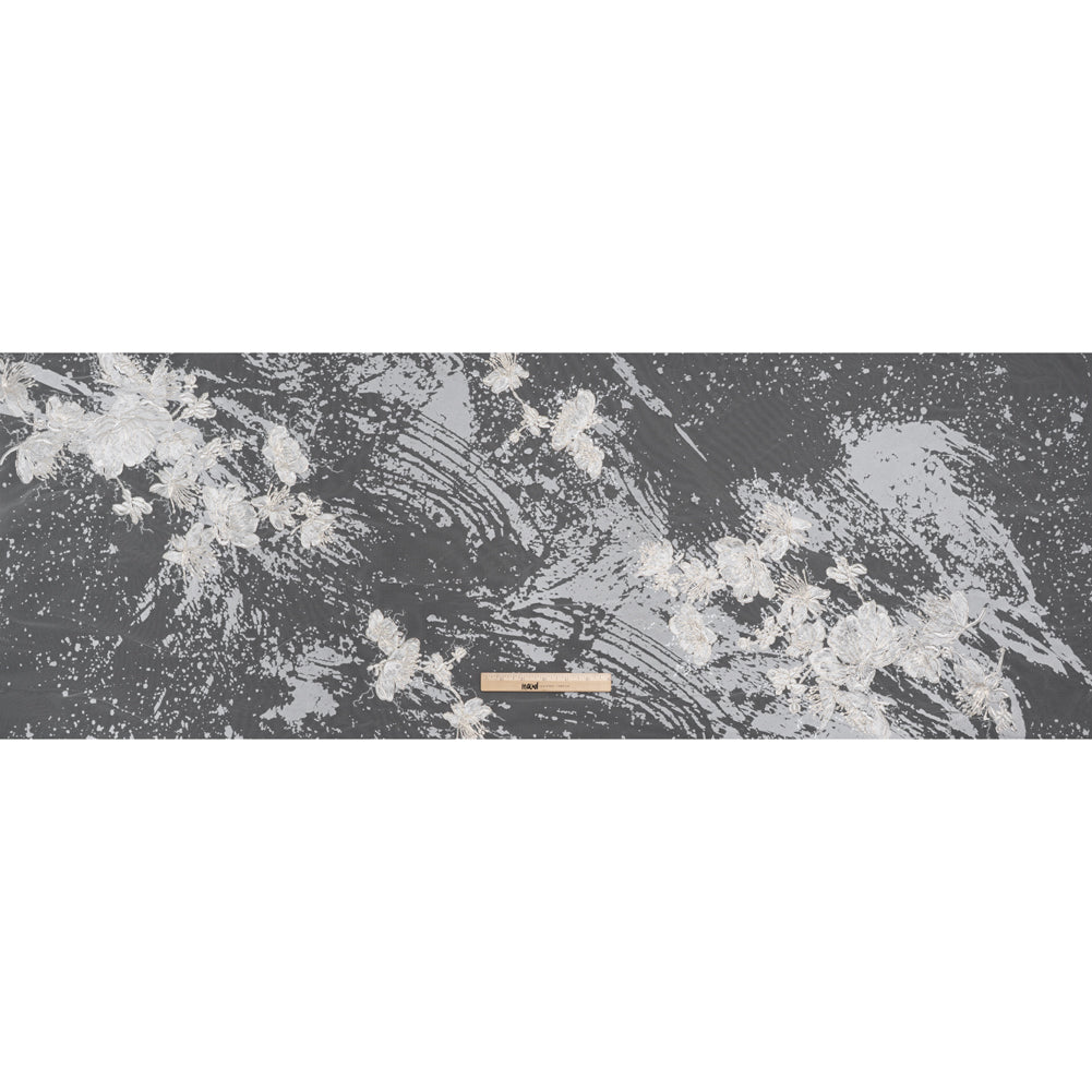 Embroidered Abstract Flocked Tulle with Baby Sequins - Off White Floral - Full