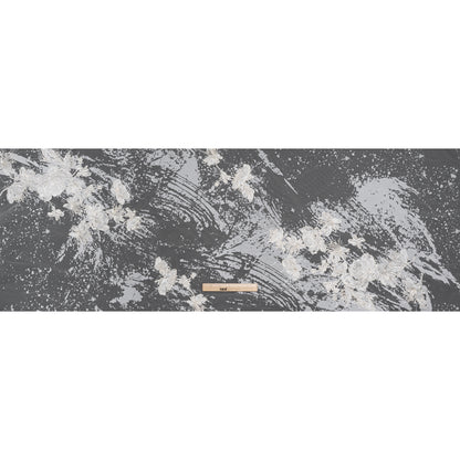 Embroidered Abstract Flocked Tulle with Baby Sequins - Off White Floral - Full