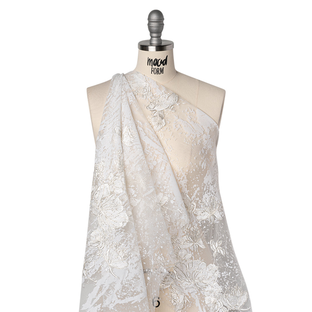 Embroidered Abstract Flocked Tulle with Baby Sequins - Off White Floral Drape