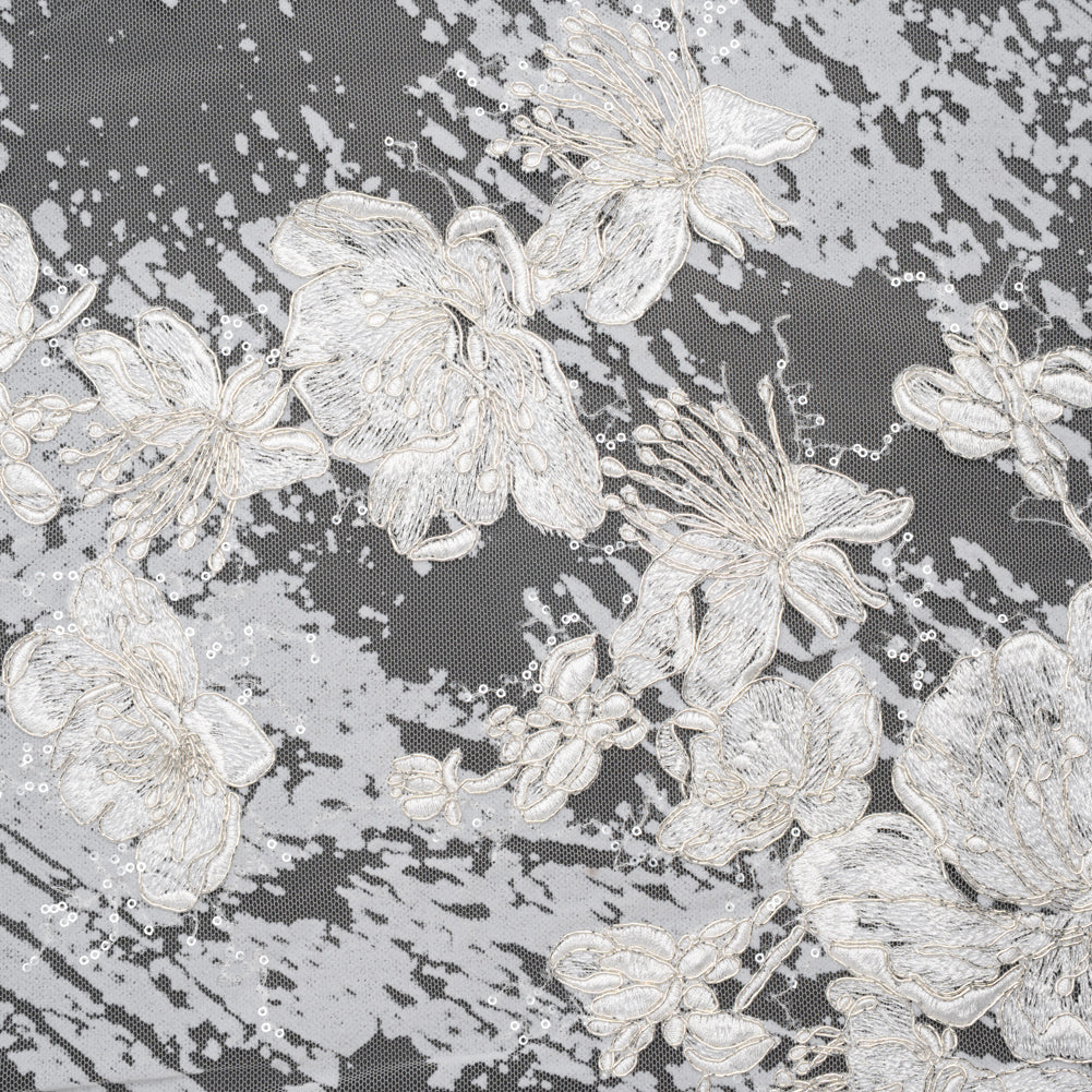 Embroidered Abstract Flocked Tulle with Baby Sequins - Off White Floral