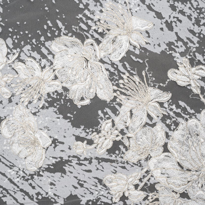 Embroidered Abstract Flocked Tulle with Baby Sequins - Off White Floral