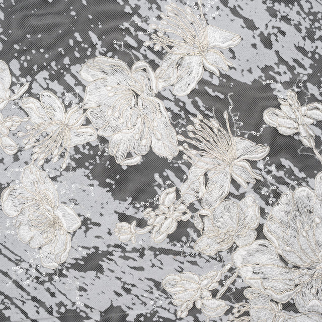 Embroidered Abstract Flocked Tulle with Baby Sequins - Off White Floral