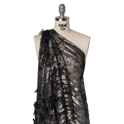Foiled Plisse Lace with Beaded and Embroidered 3D Fabric Flowers and Leaves - Black and Silver Floral Drape