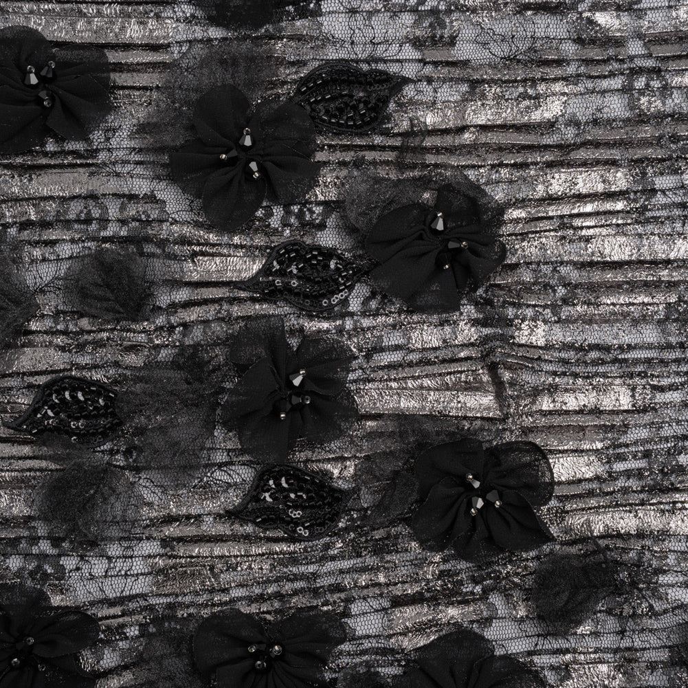 Foiled Plisse Lace with Beaded and Embroidered 3D Fabric Flowers and Leaves - Black and Silver Floral