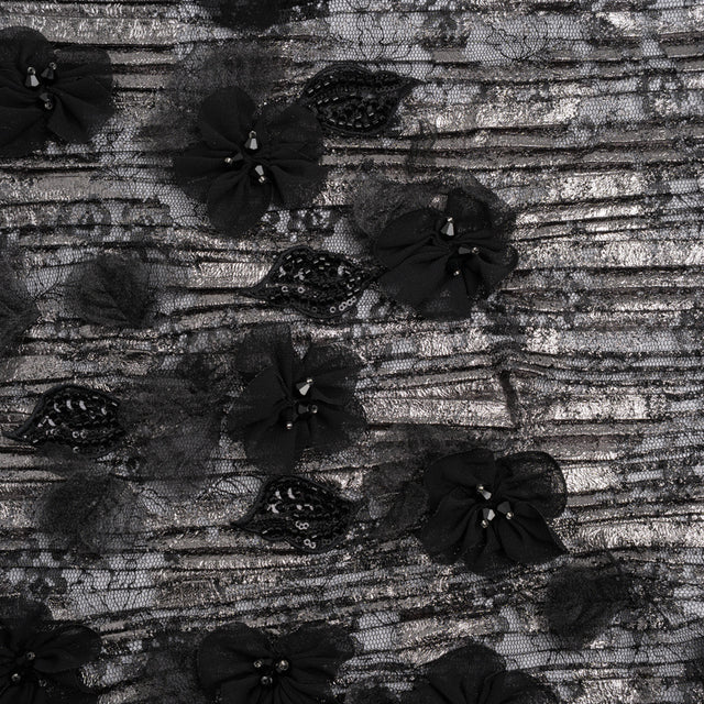 Foiled Plisse Lace with Beaded and Embroidered 3D Fabric Flowers and Leaves - Black and Silver Floral