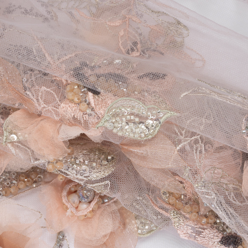 Embroidered and Beaded Tulle with 3D Fabric Flowers - Pale Pink, Peach and Gray Bold Blossoms Folded