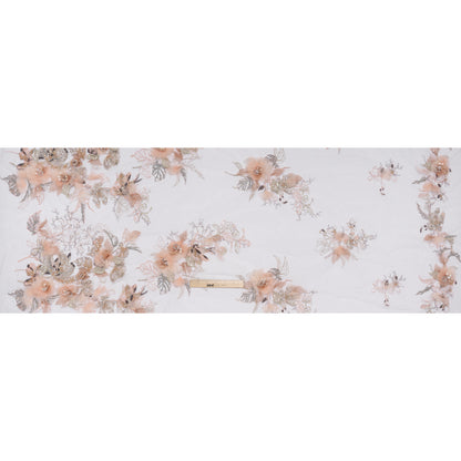 Embroidered and Beaded Tulle with 3D Fabric Flowers - Pale Pink, Peach and Gray Bold Blossoms - Full