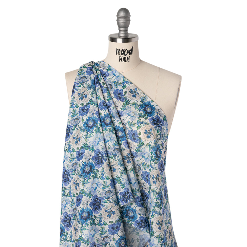 Liberty Fabrics Tana Lawn® - Poppy Amelie Blue - Sky, Cobalt Blue and Green Poppy Flower Field Folded
