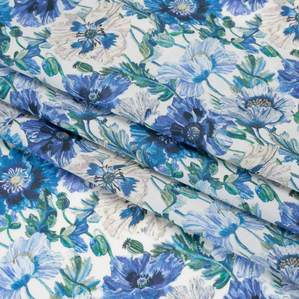 Liberty Fabrics Tana Lawn® - Poppy Amelie Blue - Sky, Cobalt Blue and Green Poppy Flower Field Detail