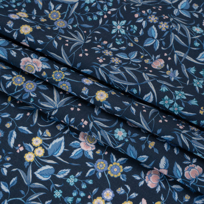 Liberty Fabrics Tana Lawn® - Tapestry Dark Blue - Navy, Sky Blue and Light Yellow Floral and Butterflies Detail