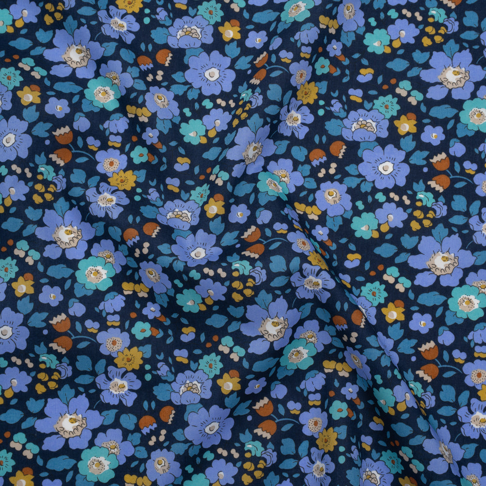 Liberty Fabrics Tana Lawn® - Betsy Meadow Dark Blue - Blue, Periwinkle and Yellow Illustrated Floral - Drape