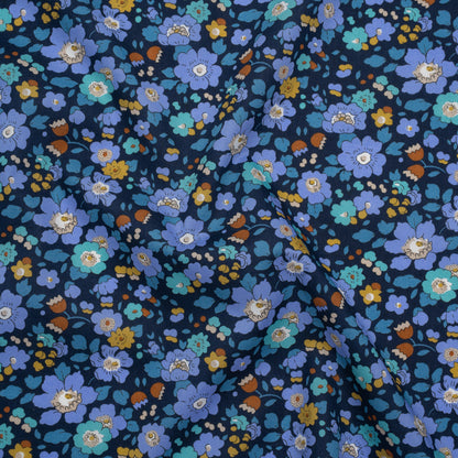 Liberty Fabrics Tana Lawn® - Betsy Meadow Dark Blue - Blue, Periwinkle and Yellow Illustrated Floral