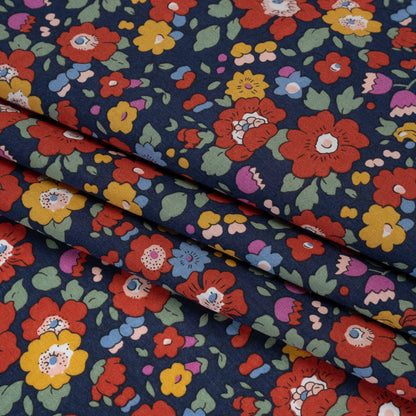 Liberty Fabrics Tana Lawn® - Betsy Meadow Multi Bright - Navy Blue, Red and Yellow Illustrated Floral Detail