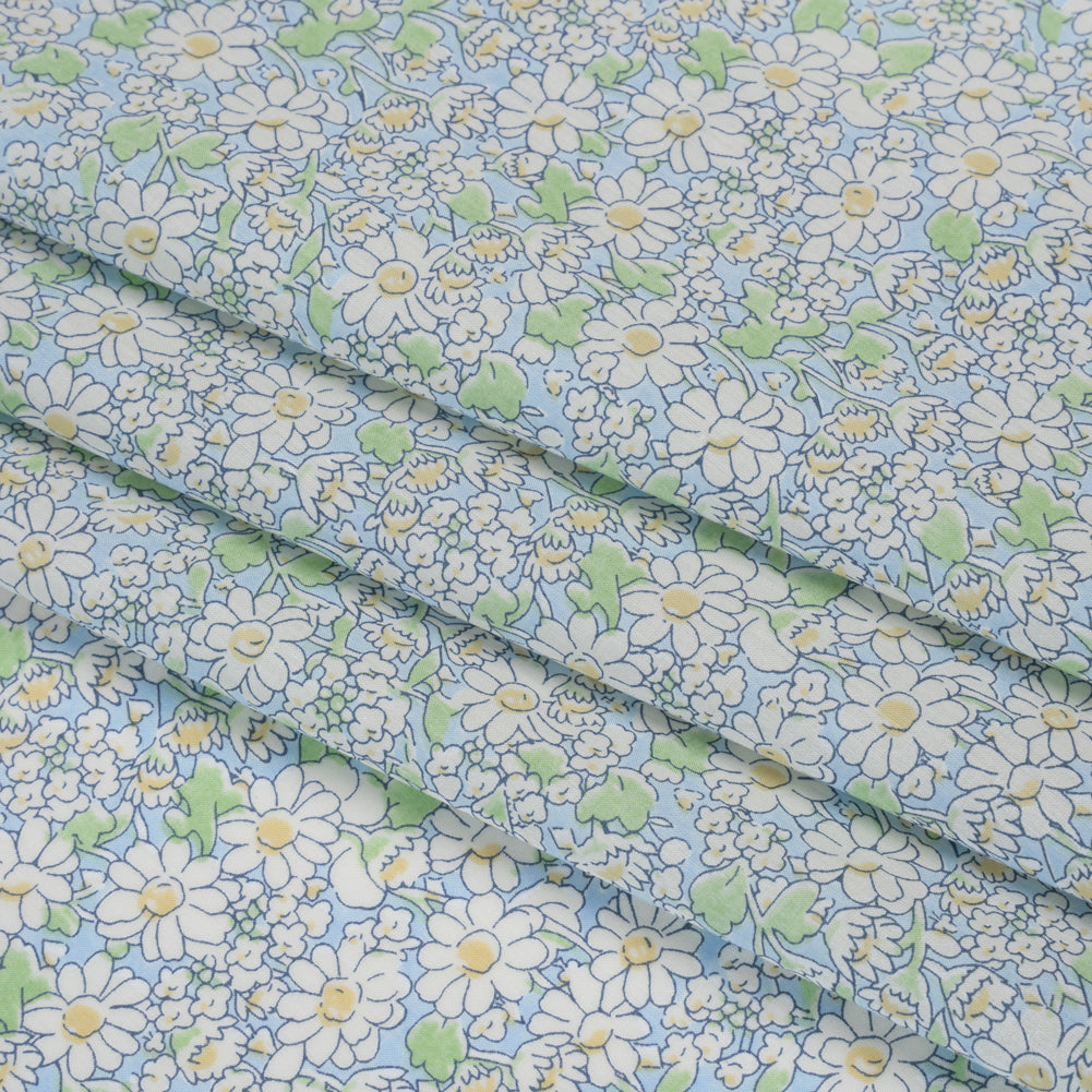 Liberty Fabrics Tana Lawn® - Alice W Blue - Baby Blue, Green and White Daisy Flowers Detail