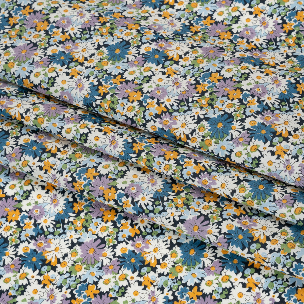 Liberty Fabrics Tana Lawn® - Libby Purple - Lavender, Blue and Yellow Field of Daisies Folded