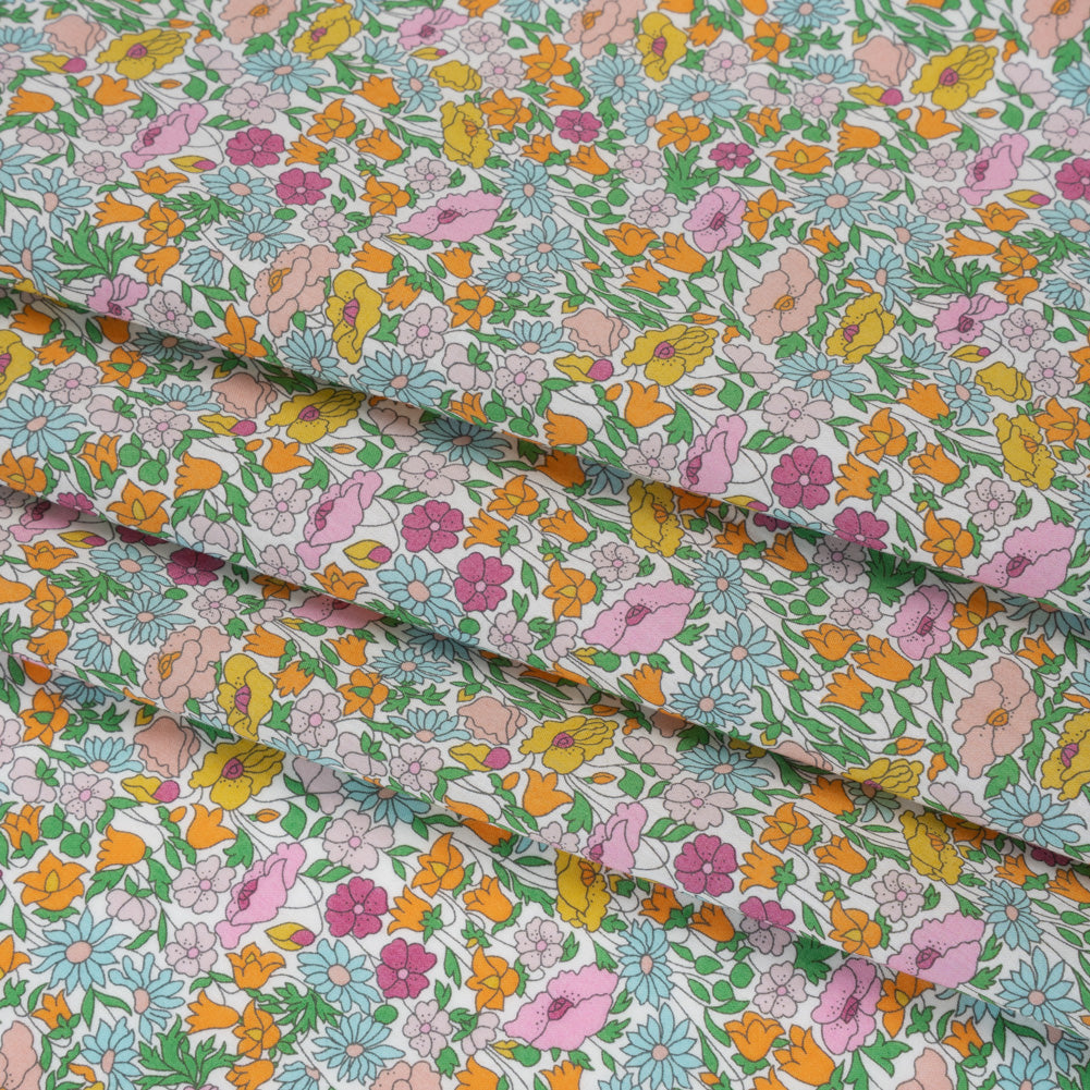 Liberty Fabrics Tana Lawn® - Poppy Forest Multi Bright - Orange, Baby Pink and Pastel Blue Floral Meadow - Folded