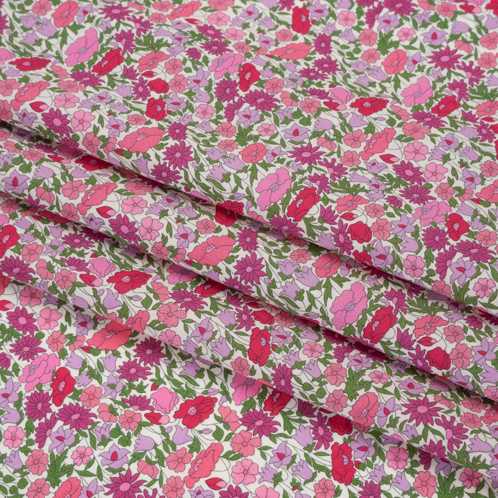 Liberty Fabrics Tana Lawn® - Poppy Forest Pink - Red, Bright Pink and Green Floral Meadow - Folded
