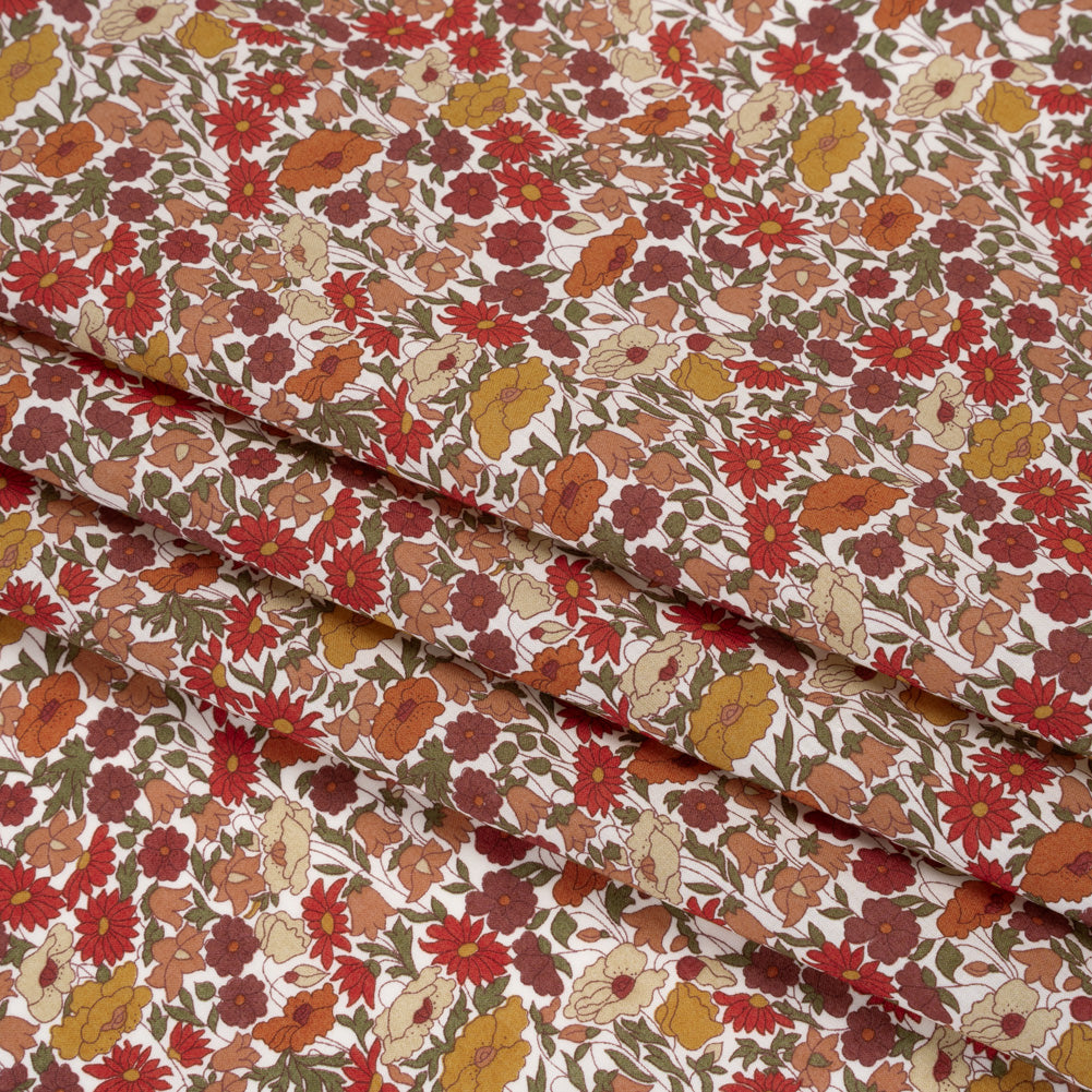 Liberty Fabrics Tana Lawn® - Poppy Forest Red Burgundy - Dark Red, Orange and Olive Green Floral Meadow Folded