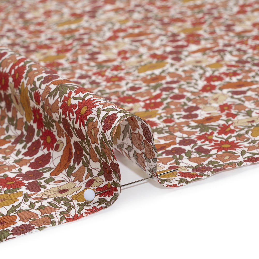 Liberty Fabrics Tana Lawn® - Poppy Forest Red Burgundy - Dark Red, Orange and Olive Green Floral Meadow Detail