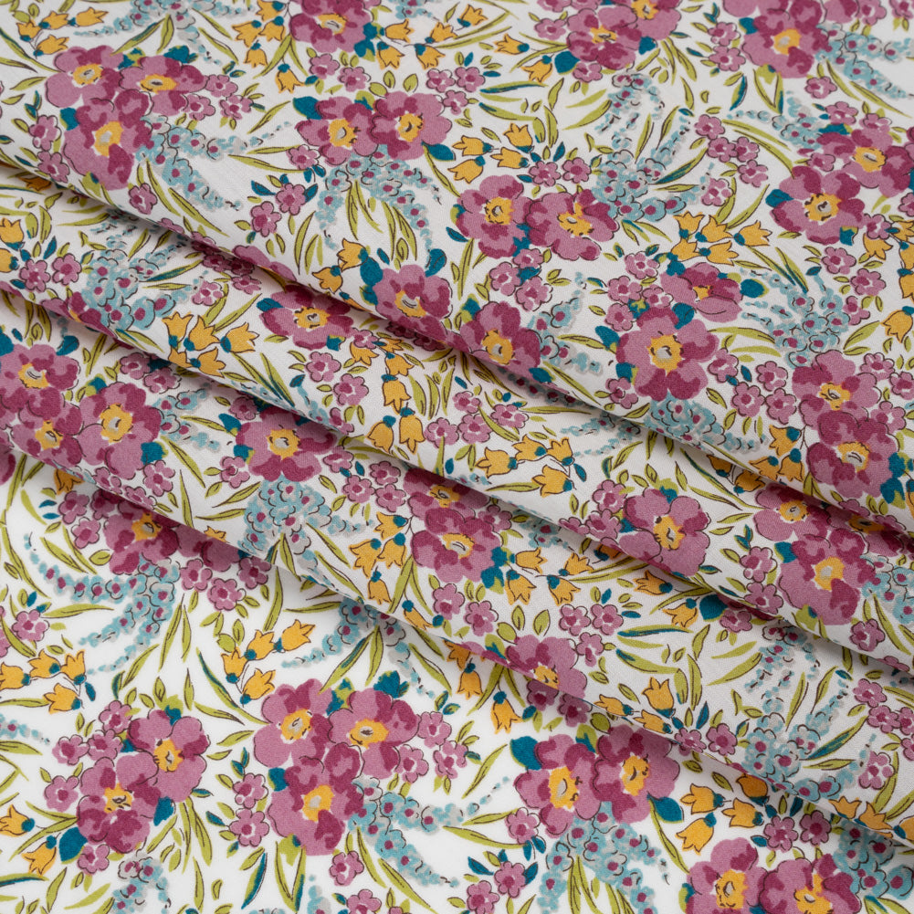 Liberty Fabrics Tana Lawn® - Swirling Petals Purple - Berry Pink, Blue and Yellow Floral - Folded