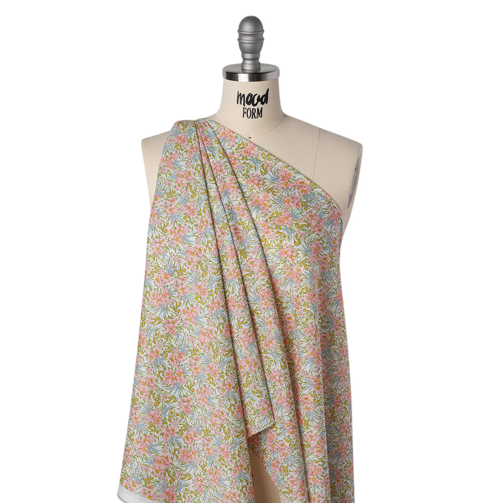 Liberty Fabrics Tana Lawn® - Swirling Petals Light Pink - Baby Pink, Blue and Yellow Green Floral Drape