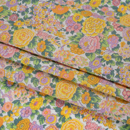 Liberty Fabrics Tana Lawn® - Elysian Day Yellow - Golden Yellow, Light Purple and Green Rosy Blooms