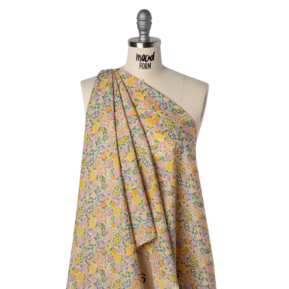 Liberty Fabrics Tana Lawn® - Elysian Day Yellow - Golden Yellow, Light Purple and Green Rosy Blooms - Drape