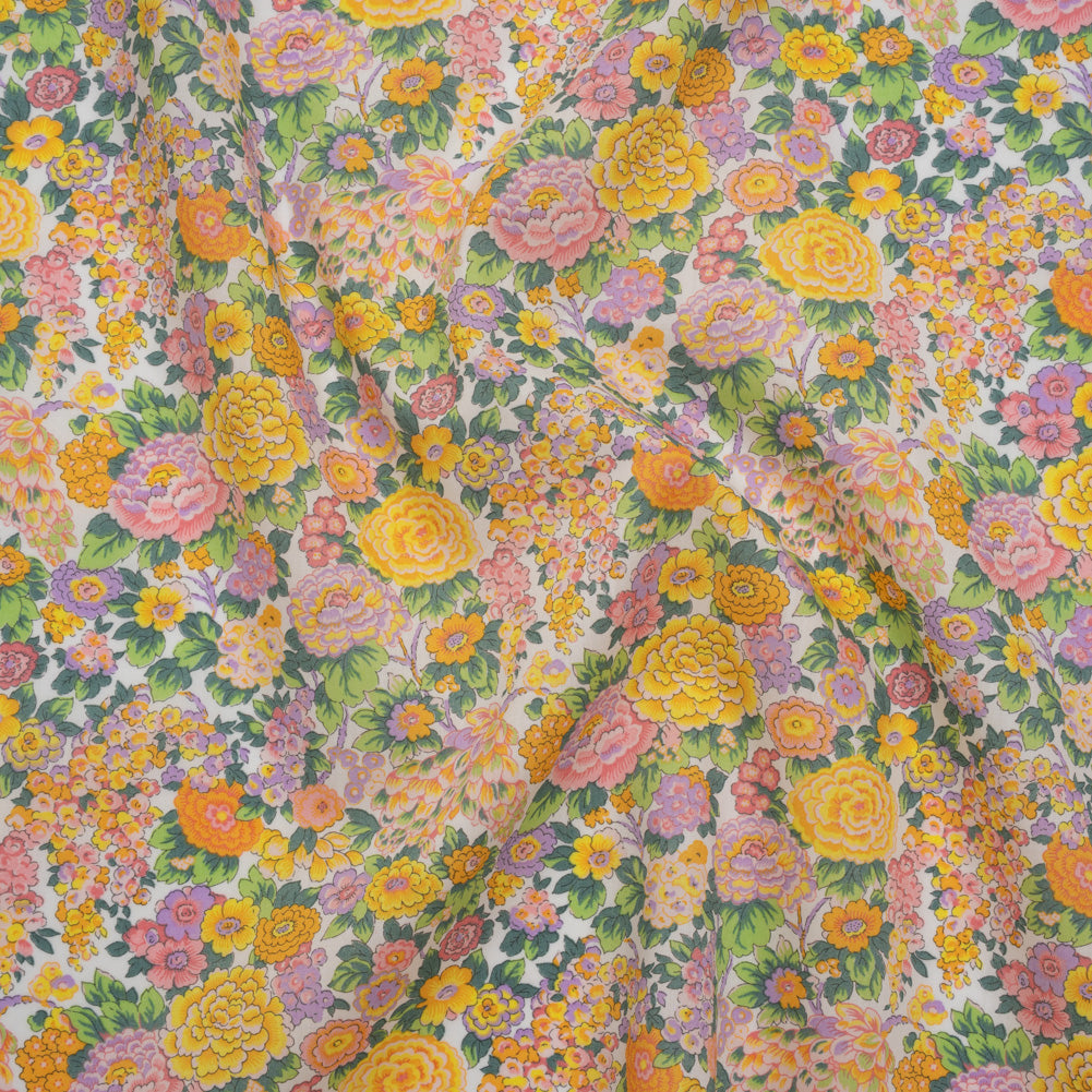 Liberty Fabrics Tana Lawn® - Elysian Day Yellow - Golden Yellow, Light Purple and Green Rosy Blooms