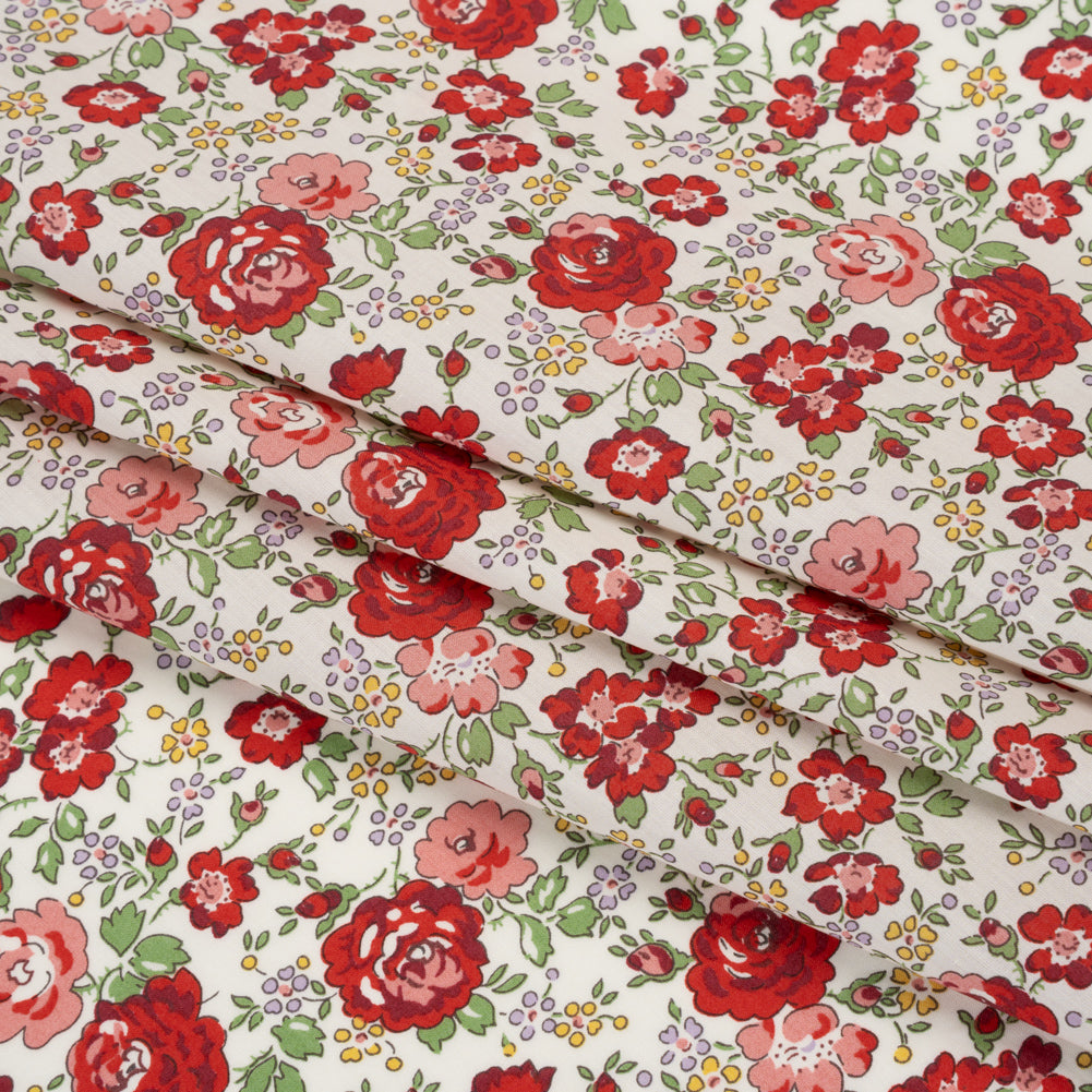 Liberty Fabrics Tana Lawn® - Felicite Red - Red, Pink and Sage Green Little Roses - Folded