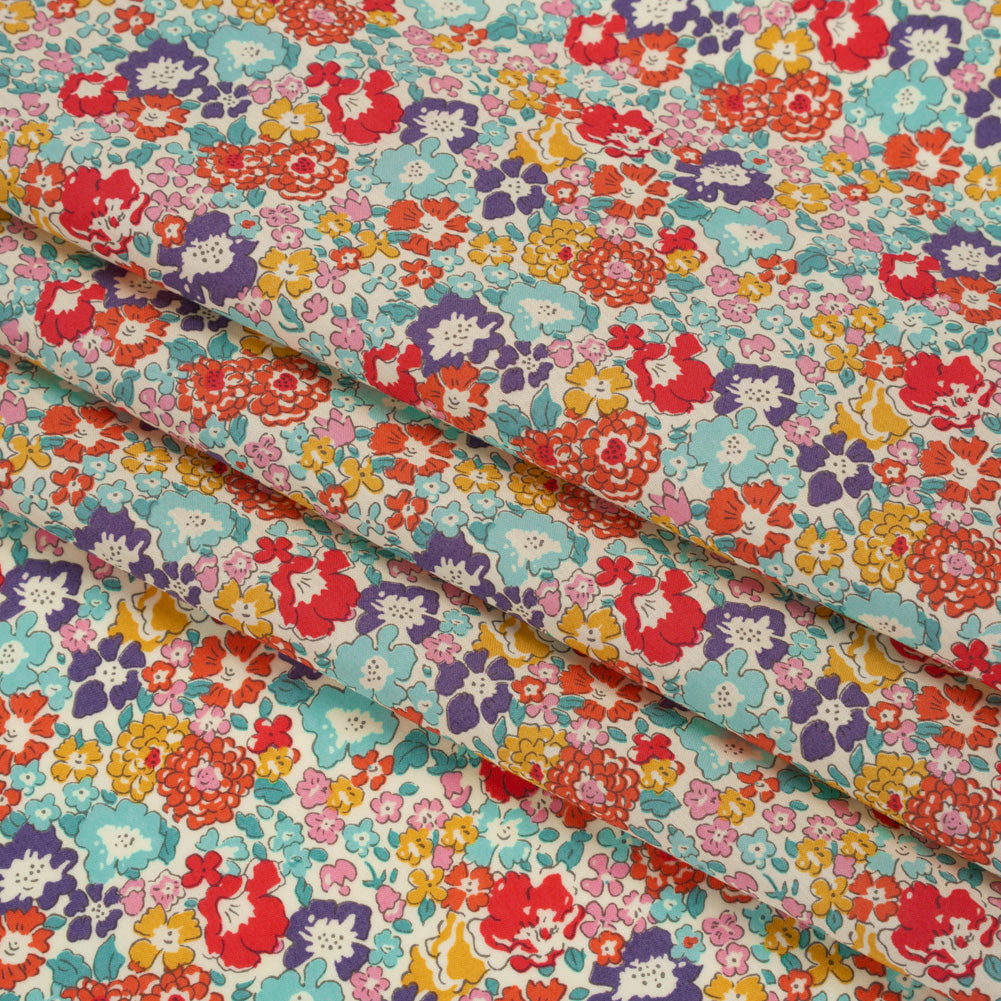 Liberty Fabrics Tana Lawn® - Michelle Multi Bright - Coral Red, Purple and Light Blue Floral Folded