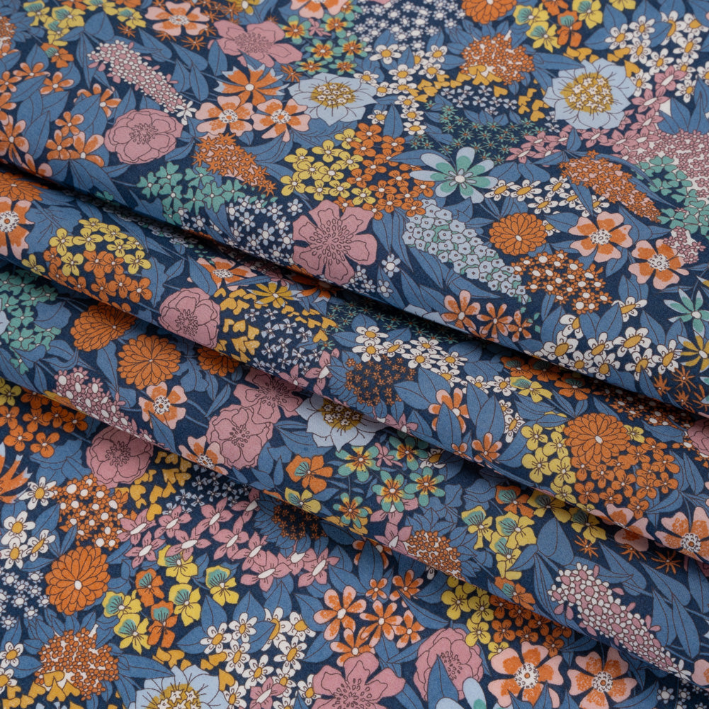 Liberty Fabrics Tana Lawn® - Ciara Dark Blue - Muted Blue, Dark Orange and Rose Pink Flower Garden Folded
