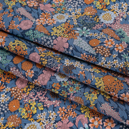 Liberty Fabrics Tana Lawn® - Ciara Dark Blue - Muted Blue, Dark Orange and Rose Pink Flower Garden Folded