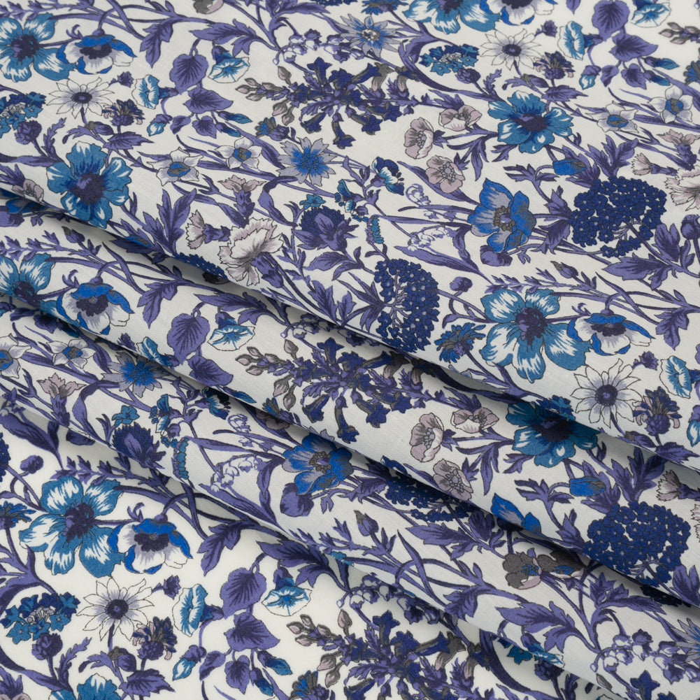 Liberty Fabrics Tana Lawn® - Rachel Blue - Indigo, Sky Blue and Lavender Flowers and Foliage - Folded
