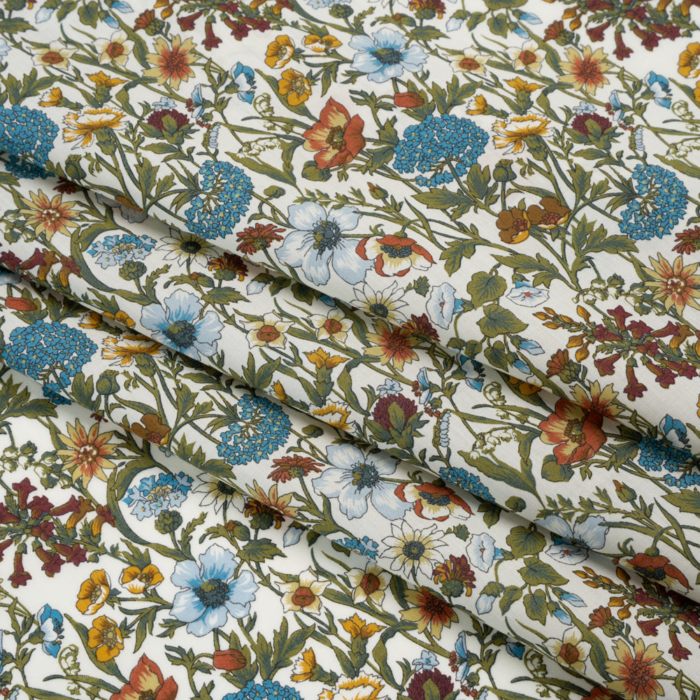 Liberty Fabrics Tana Lawn® - Rachel Multi Neutral - Sky Blue, Olive Green and Brick Red Flowers and Foliage Folded