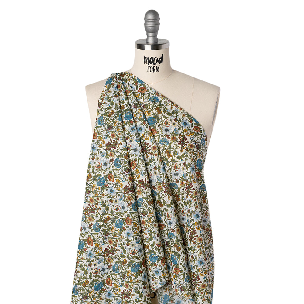 Liberty Fabrics Tana Lawn® - Rachel Multi Neutral - Sky Blue, Olive Green and Brick Red Flowers and Foliage Drape