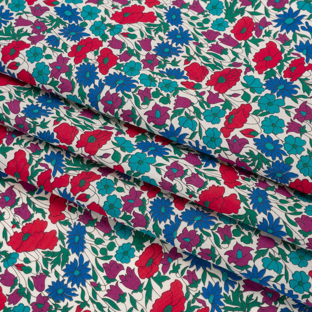 Liberty Fabrics Tana Lawn® - Poppy & Daisy Blue Turquoise - Red, Fuchsia and Bright Blue Fine Lined Illustrated Florals Folded