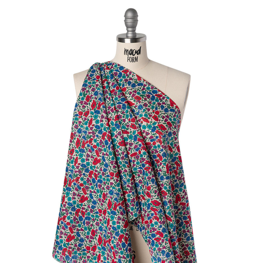 Liberty Fabrics Tana Lawn® - Poppy & Daisy Blue Turquoise - Red, Fuchsia and Bright Blue Fine Lined Illustrated Florals Drape