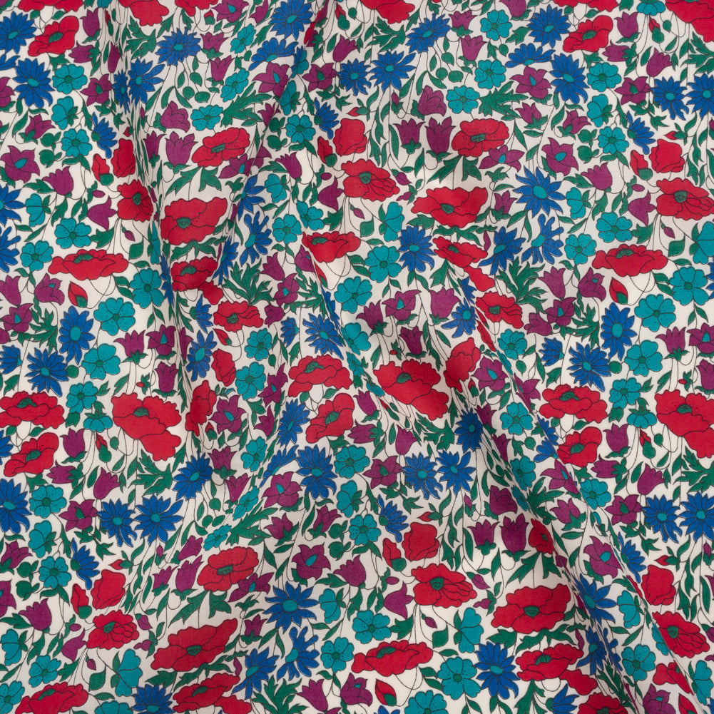 Liberty Fabrics Tana Lawn® - Poppy & Daisy Blue Turquoise - Red, Fuchsia and Bright Blue Fine Lined Illustrated Florals