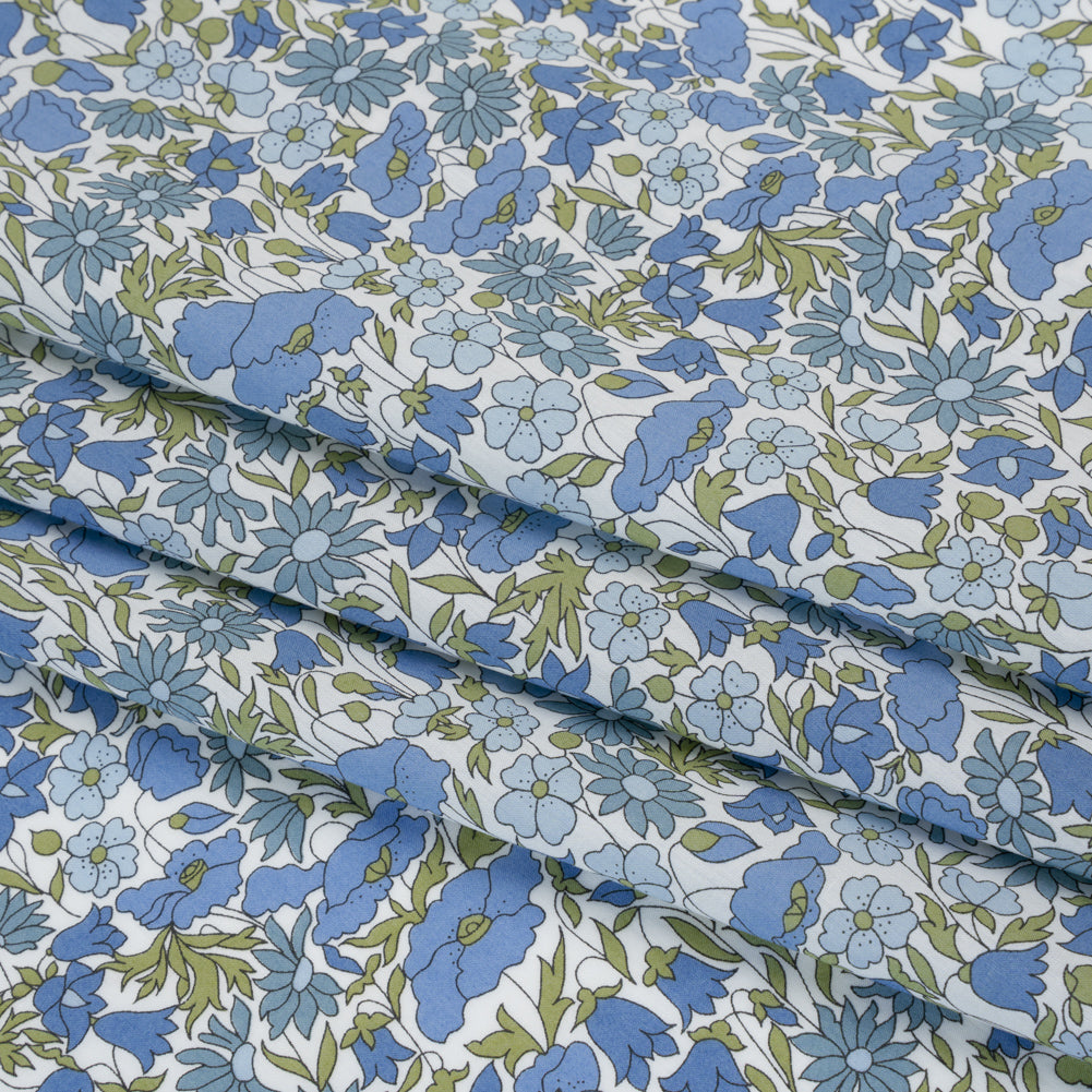 Liberty Fabrics Tana Lawn® - Poppy & Daisy Blue - Sky Blue, Country Blue and Sage Green Fine Lined Illustrated Florals - Folded