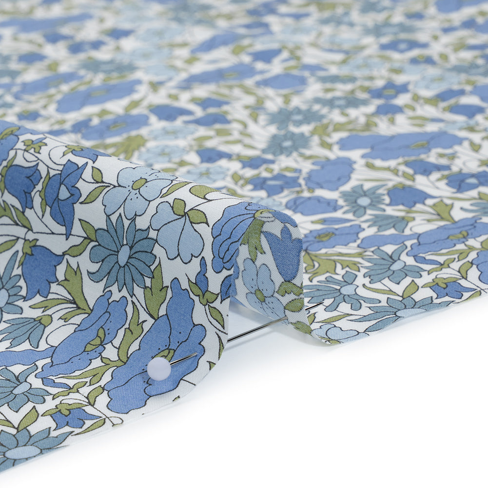 Liberty Fabrics Tana Lawn® - Poppy & Daisy Blue - Sky Blue, Country Blue and Sage Green Fine Lined Illustrated Florals - Detail