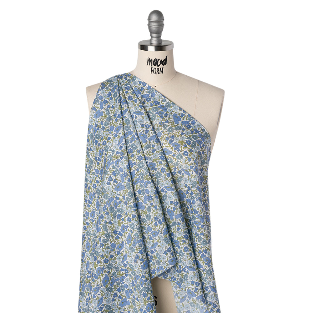 Liberty Fabrics Tana Lawn® - Poppy & Daisy Blue - Sky Blue, Country Blue and Sage Green Fine Lined Illustrated Florals - Drape