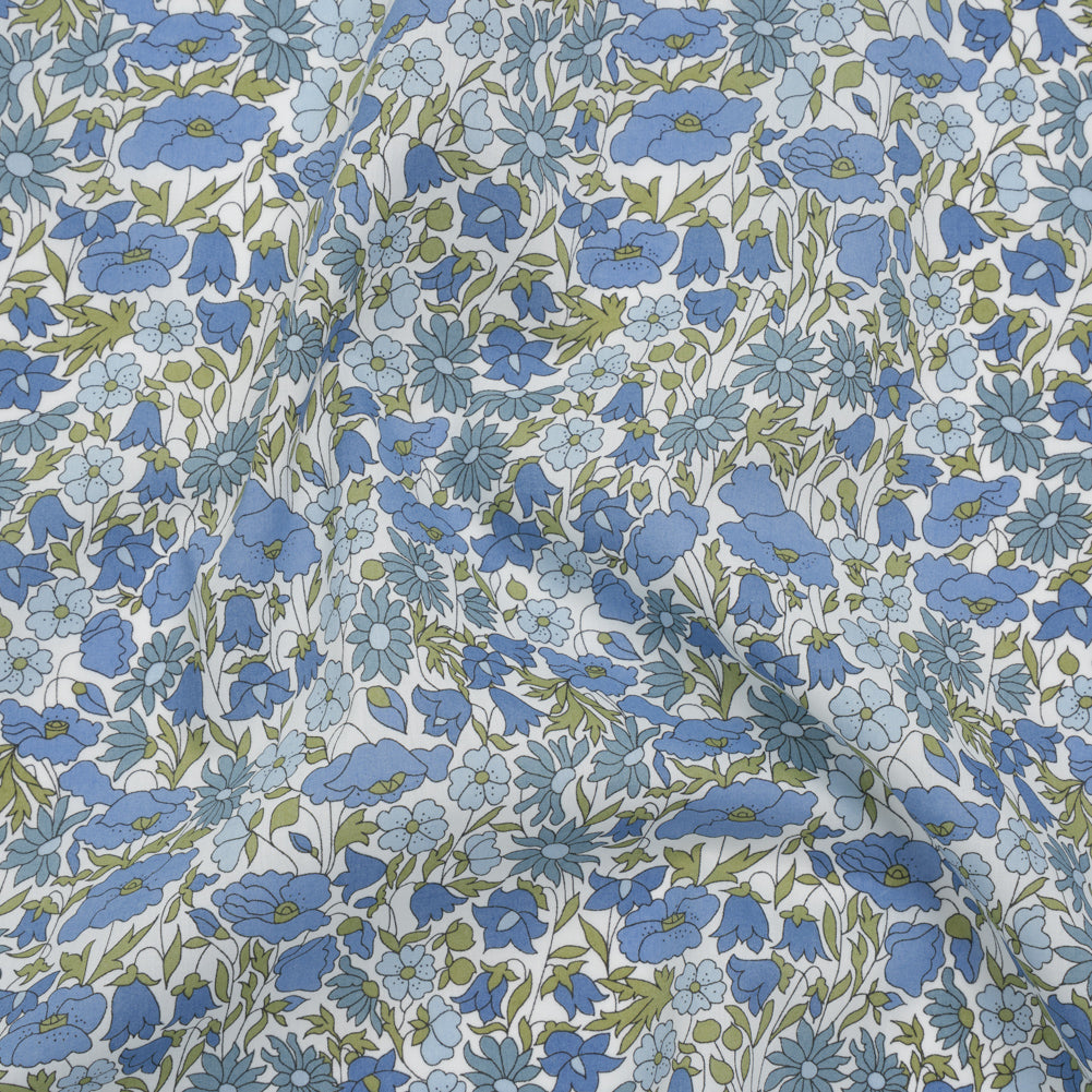 Liberty Fabrics Tana Lawn® - Poppy & Daisy Blue - Sky Blue, Country Blue and Sage Green Fine Lined Illustrated Florals