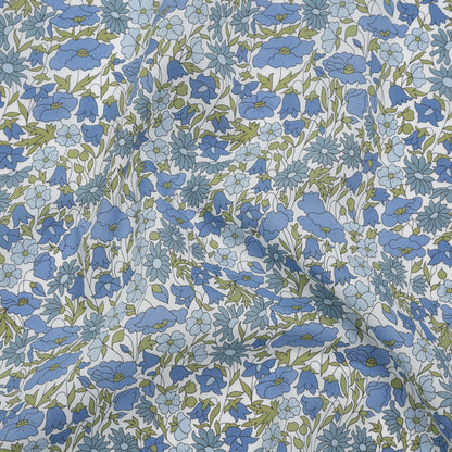 Liberty Fabrics Tana Lawn® - Poppy & Daisy Blue - Sky Blue, Country Blue and Sage Green Fine Lined Illustrated Florals